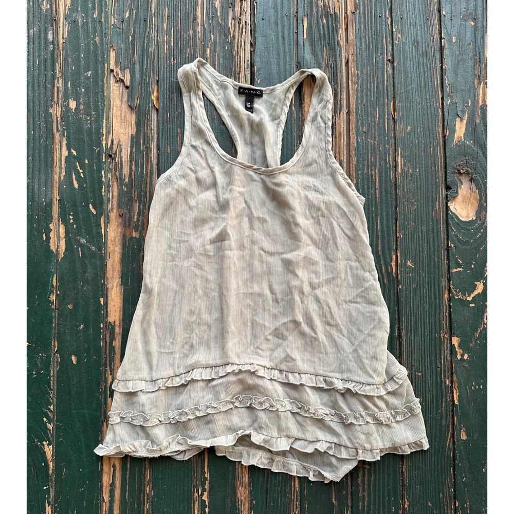 FANG Women‎ Gray Sheer Racerback Tank Top Ruffle Tiered Hem Size L